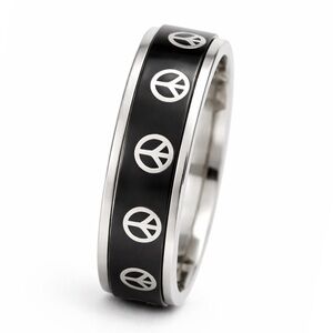 Black Stainless Steel Peace Sign Spinner Ring Fidget Band Anxiety Stress Relief